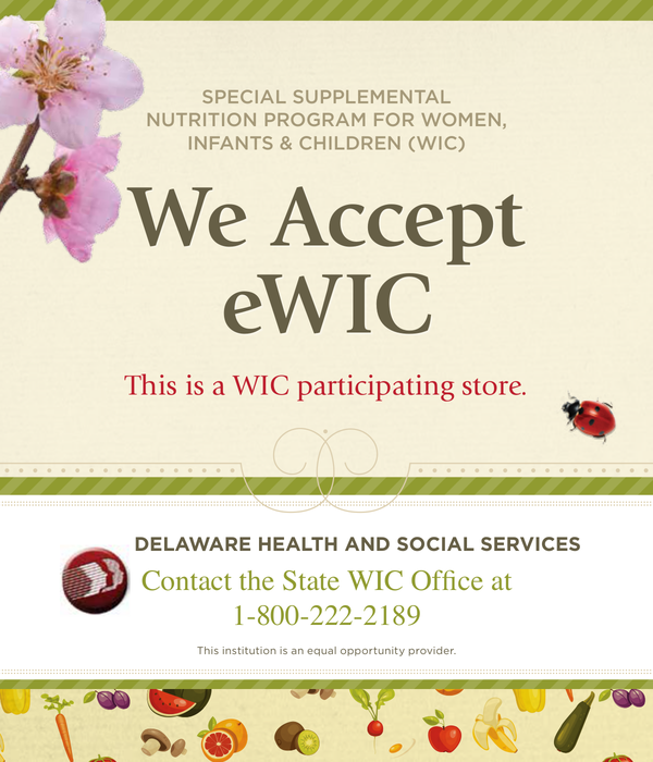 We Accept eWIC sign with flowers and ladybug