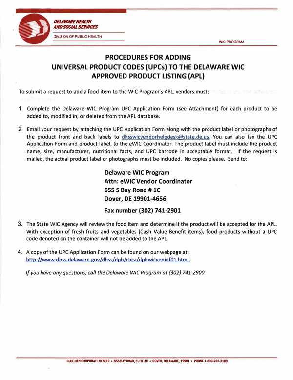 Delaware WIC UPC procedures for vendor product submissions