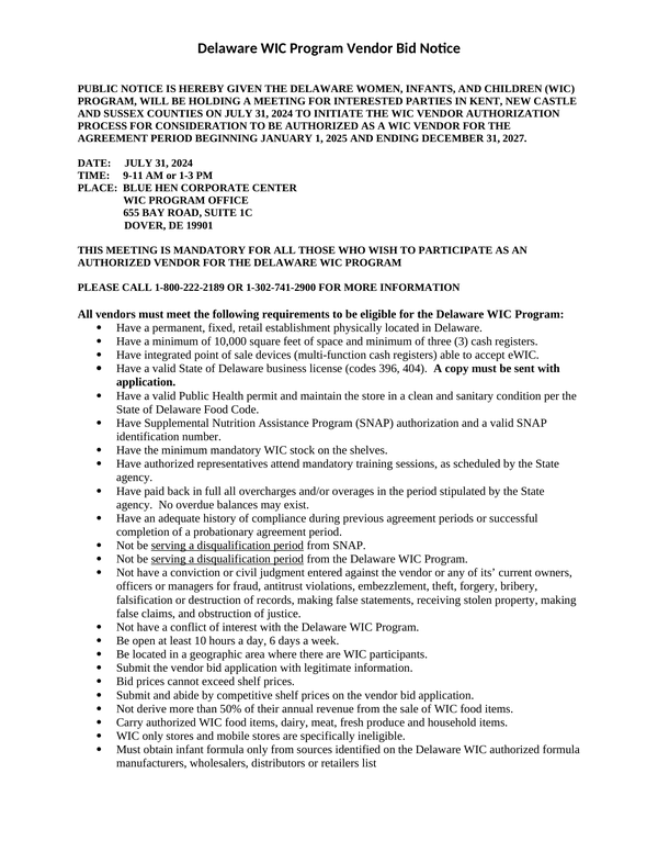 Delaware WIC vendor authorization meeting notice with requirements listed